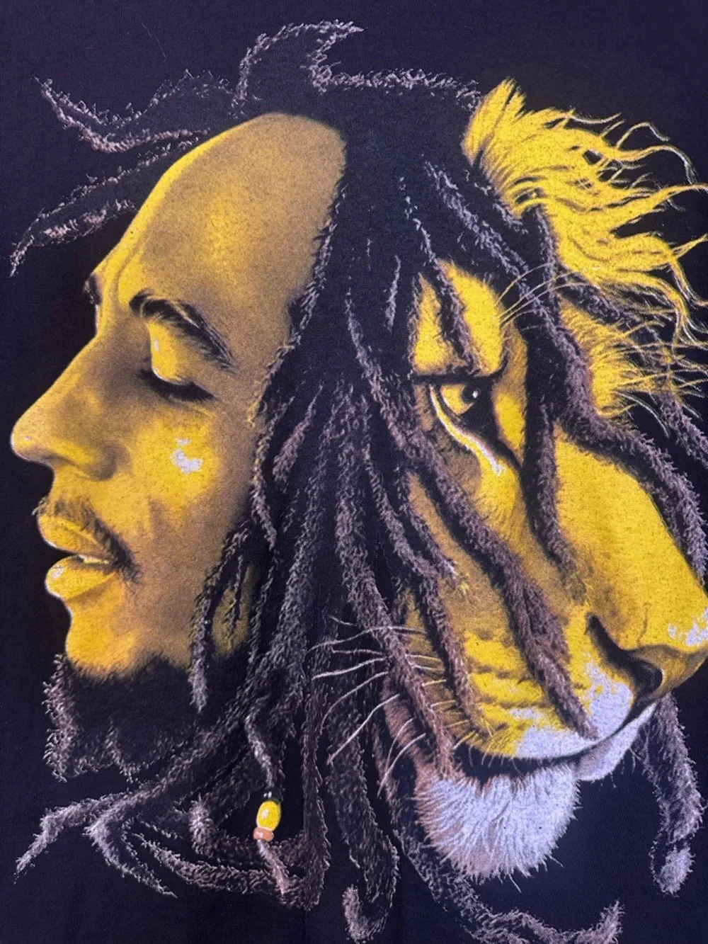 #168- Alstyle Black T Bob Marley's face‎ merging into a lion's head